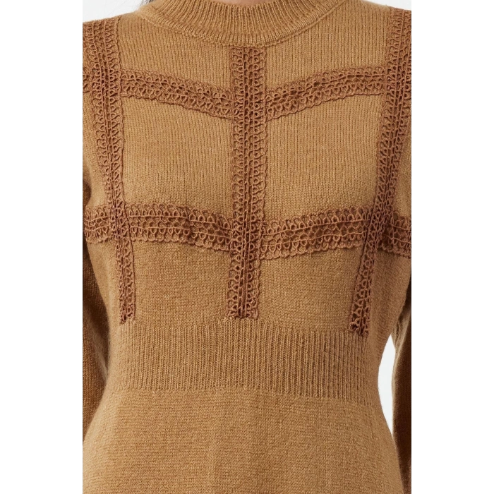 Women Fashion Stylish Hijab Maxi Length Stand Collar Fitted Lace Detail Soft Texture Knit Dress