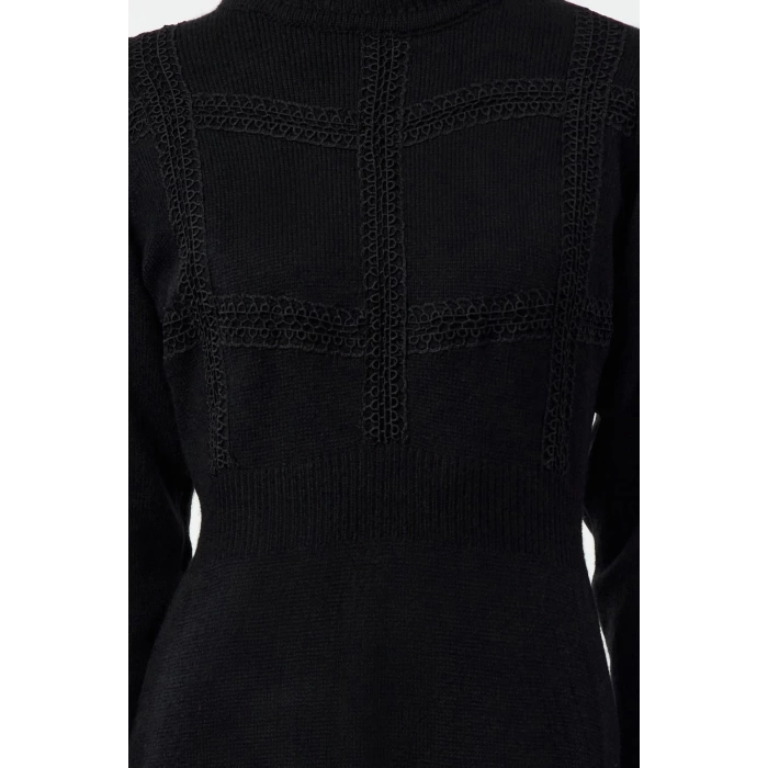 Women Fashion Stylish Hijab Maxi Length Stand Collar Fitted Lace Detail Soft Texture Knit Dress