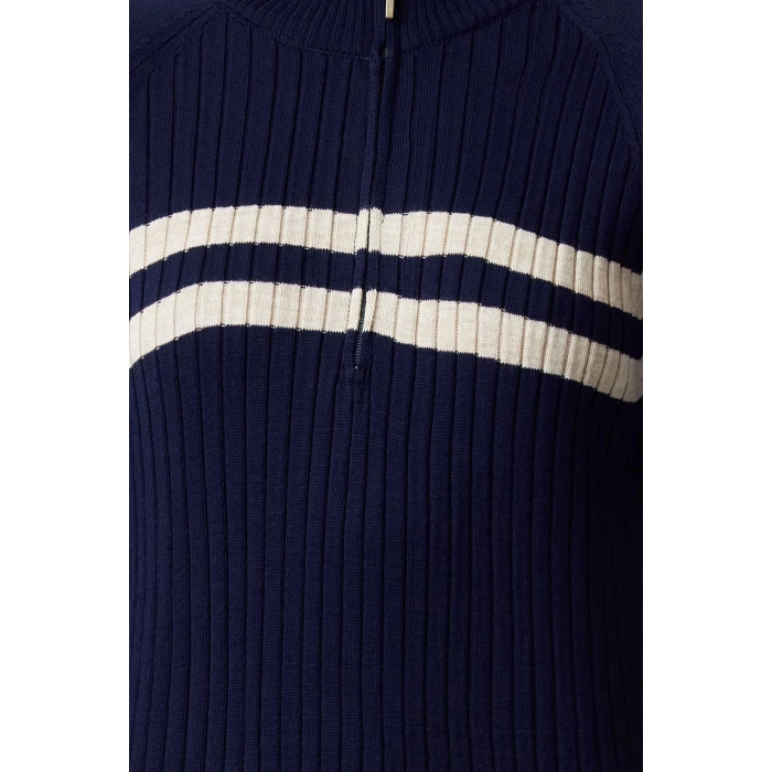 Women Fashion Stylish Hijab Maxi Length Stand Collar Relaxed Color Block Ribbed Knitted Sweater Dress