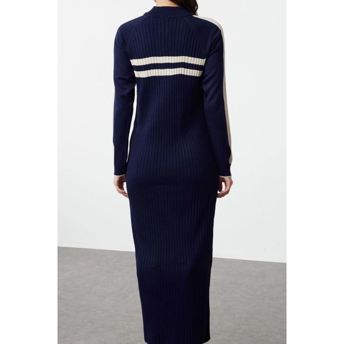 Women Fashion Stylish Hijab Maxi Length Stand Collar Relaxed Color Block Ribbed Knitted Sweater Dress