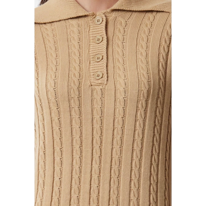Kadın Moda Şık Tesettür Maxi Boy Polo Yaka Regular Saç Örgülü Triko Elbise