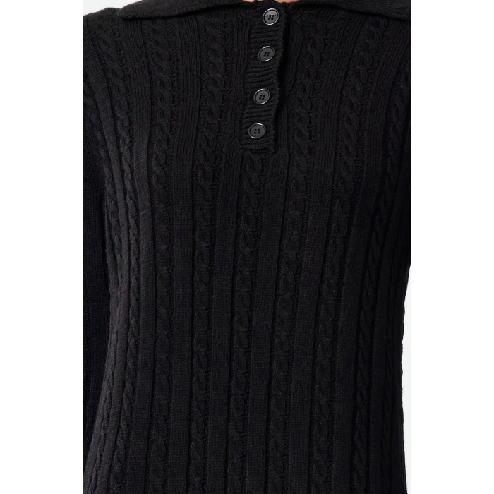 Kadın Moda Şık Tesettür Maxi Boy Polo Yaka Regular Saç Örgülü Triko Elbise
