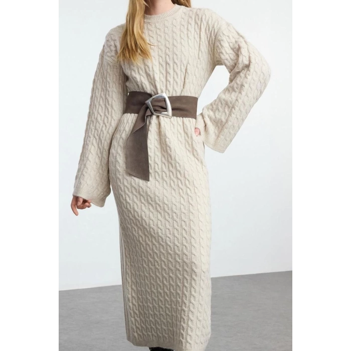 Kadın Moda Şık Tesettür Maxi Boy Bisiklet Yaka Oversize Saç Örgülü Triko Elbise