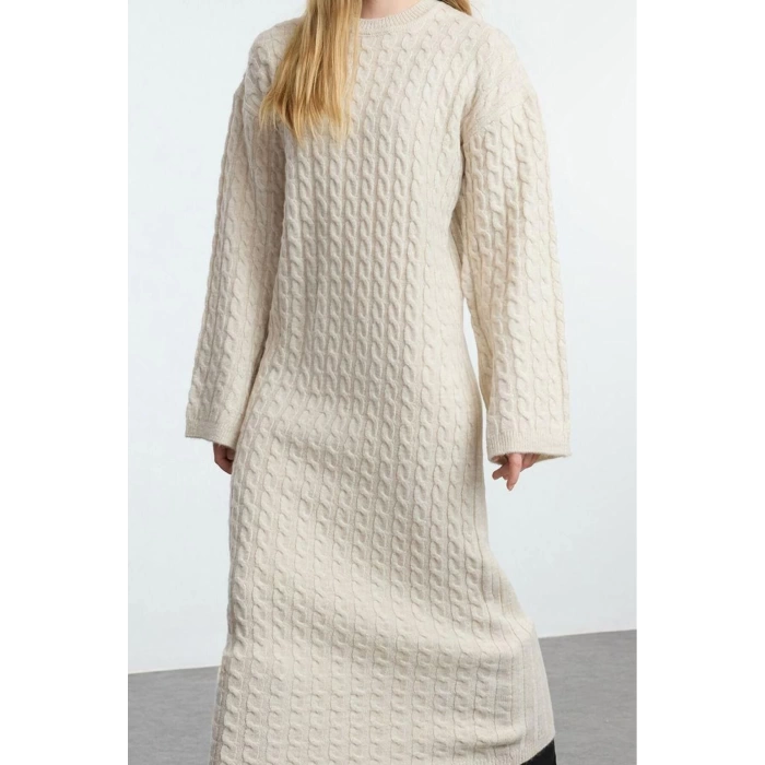 Kadın Moda Şık Tesettür Maxi Boy Bisiklet Yaka Oversize Saç Örgülü Triko Elbise