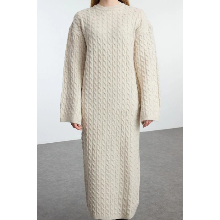 Kadın Moda Şık Tesettür Maxi Boy Bisiklet Yaka Oversize Saç Örgülü Triko Elbise
