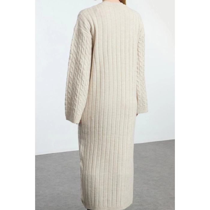 Kadın Moda Şık Tesettür Maxi Boy Bisiklet Yaka Oversize Saç Örgülü Triko Elbise