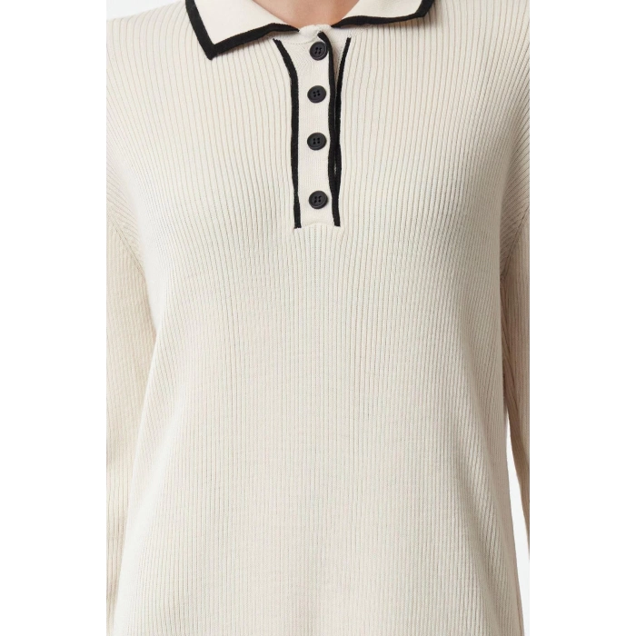 Kadın Moda Şık Tesettür Maxi Boy Polo Yaka Fitted Yakası Biyeli Triko Elbise