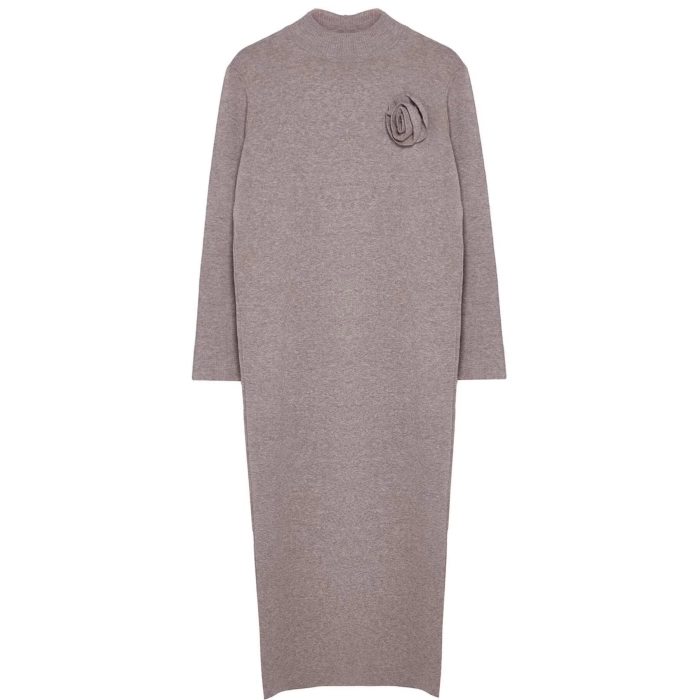 Women Fashion Stylish Hijab Long Stand Collar Regular Floral Detailed Knitwear Dress