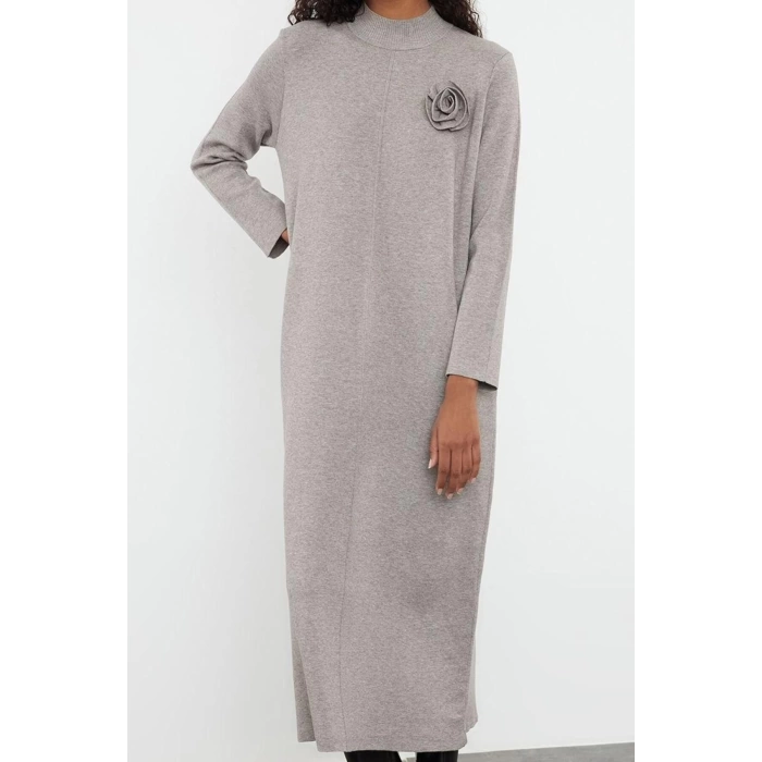 Women Fashion Stylish Hijab Long Stand Collar Regular Floral Detailed Knitwear Dress