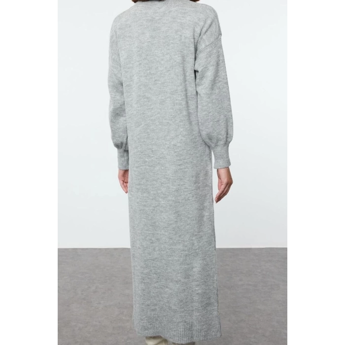 Kadın Moda Şık Tesettür Maxi Boy Bisiklet Yaka Regular Jakarlı Desenli Triko Elbise