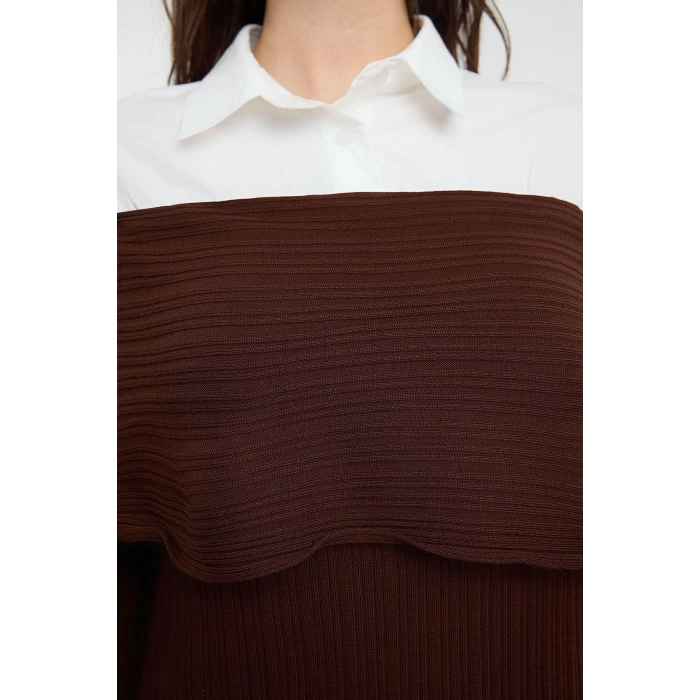 Women Fashion Stylish Hijab Maxi Length Carmen Collar Fitted Woven Garnished Knitwear Dress