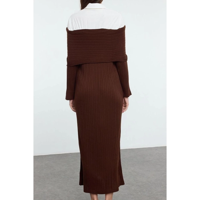 Women Fashion Stylish Hijab Maxi Length Carmen Collar Fitted Woven Garnished Knitwear Dress
