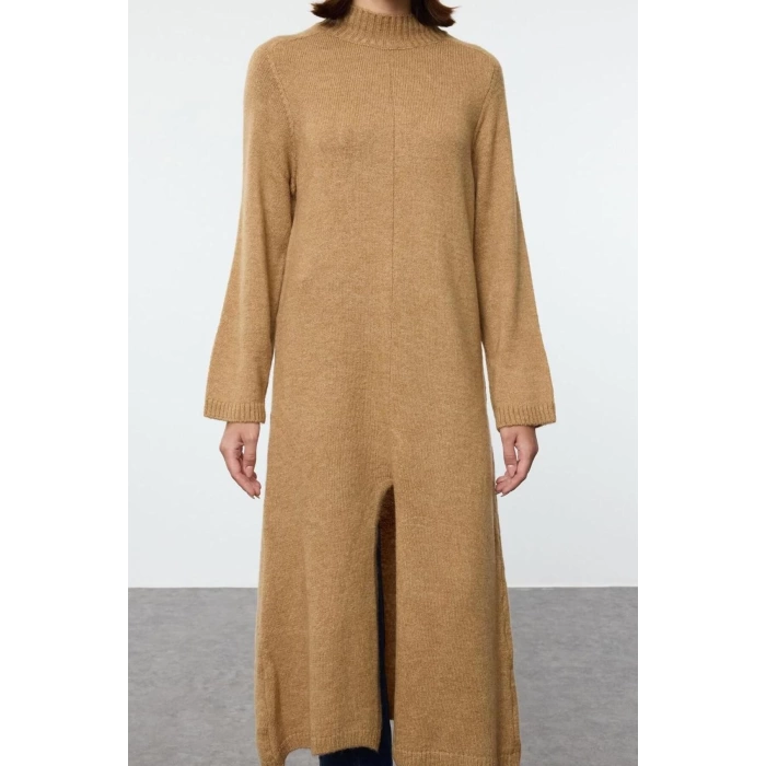 Women Fashion Stylish Hijab Maxi Length Half Turtleneck Relaxed Soft Textured Knitwear Tunic Dress