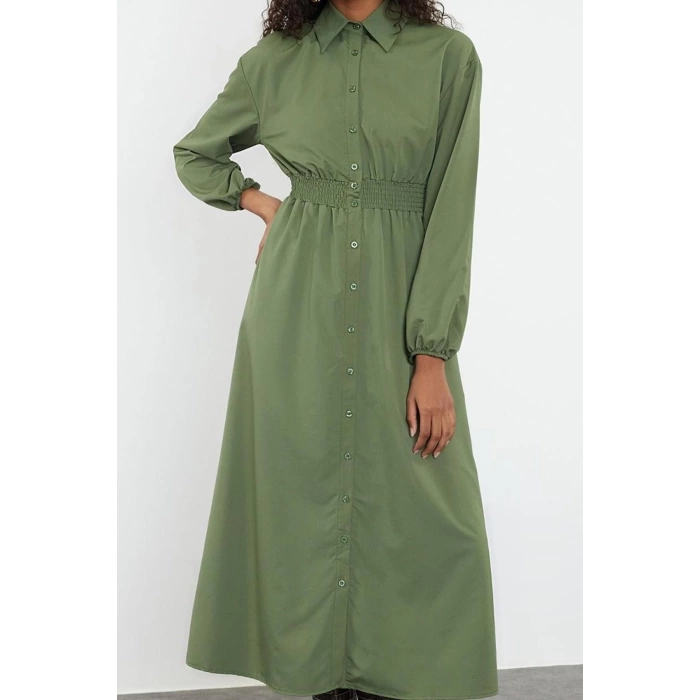 Kadın Moda Şık Tesettür Uzun Hakim Yaka Regular Beli Lastikli Dokuma Elbise