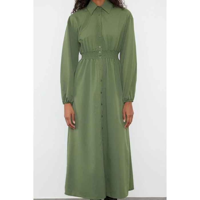 Kadın Moda Şık Tesettür Uzun Hakim Yaka Regular Beli Lastikli Dokuma Elbise
