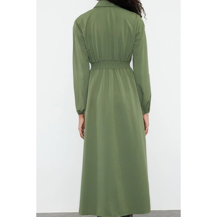 Kadın Moda Şık Tesettür Uzun Hakim Yaka Regular Beli Lastikli Dokuma Elbise