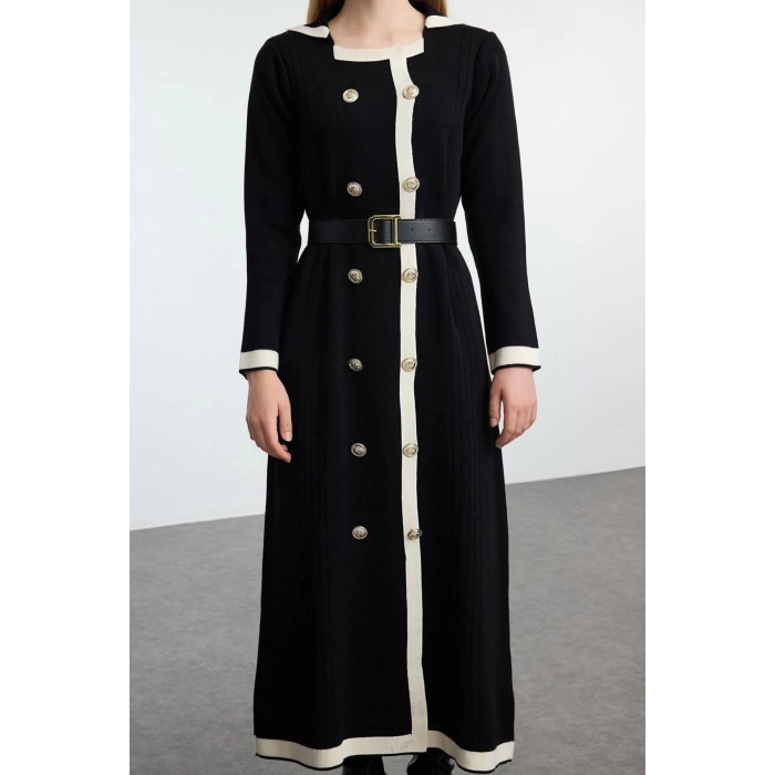 Women Fashion Stylish Hijab Long Jacket Collar Fitted Belted Knitwear Color Block Dress
