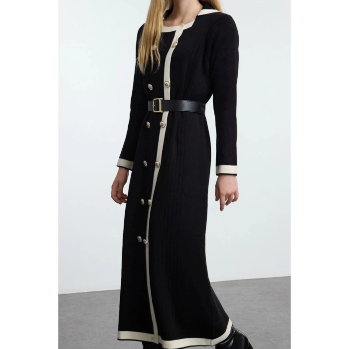 Women Fashion Stylish Hijab Long Jacket Collar Fitted Belted Knitwear Color Block Dress
