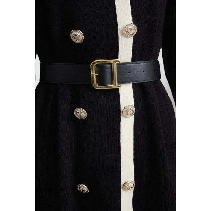 Women Fashion Stylish Hijab Long Jacket Collar Fitted Belted Knitwear Color Block Dress