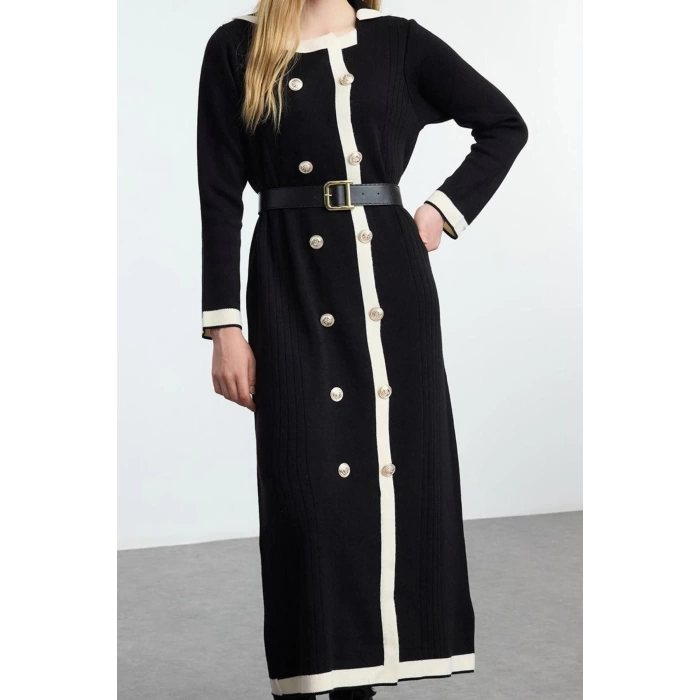Women Fashion Stylish Hijab Long Jacket Collar Fitted Belted Knitwear Color Block Dress