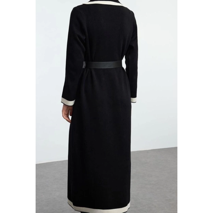 Women Fashion Stylish Hijab Long Jacket Collar Fitted Belted Knitwear Color Block Dress