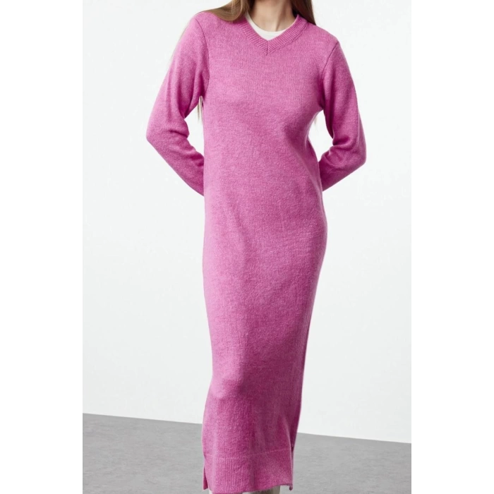 Women Fashion Stylish Hijab Maxi Length V Neck Oversize Soft Texture Knit Dress