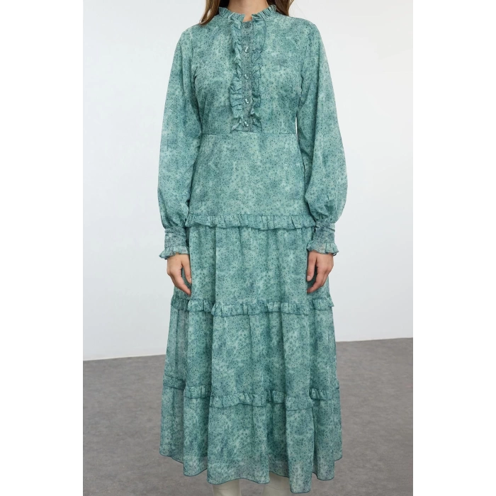 Kadın Moda Şık Tesettür Uzun Bisiklet Yaka Oversize Desenli Fırfırlı Dokuma Elbise