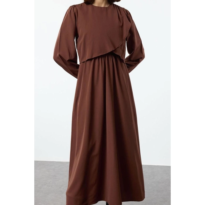 Kadın Moda Şık Tesettür Uzun Bisiklet Yaka Fitted Peplum Detaylı Dokuma Elbise