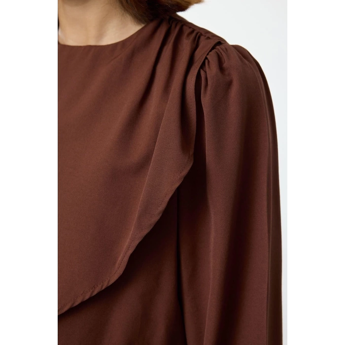 Kadın Moda Şık Tesettür Uzun Bisiklet Yaka Fitted Peplum Detaylı Dokuma Elbise