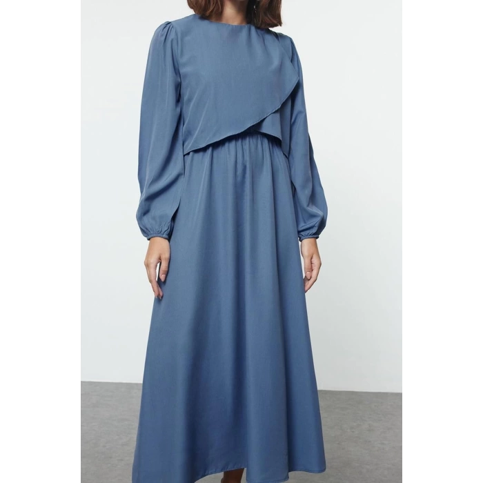 Kadın Moda Şık Tesettür Uzun Bisiklet Yaka Fitted Peplum Detaylı Dokuma Elbise