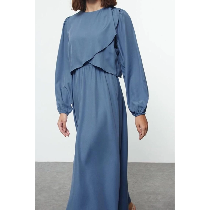 Kadın Moda Şık Tesettür Uzun Bisiklet Yaka Fitted Peplum Detaylı Dokuma Elbise