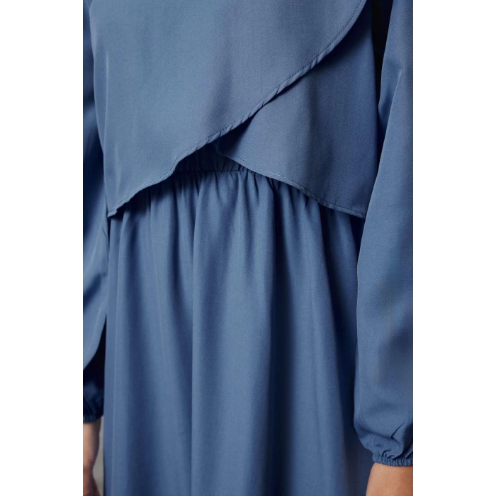 Kadın Moda Şık Tesettür Uzun Bisiklet Yaka Fitted Peplum Detaylı Dokuma Elbise