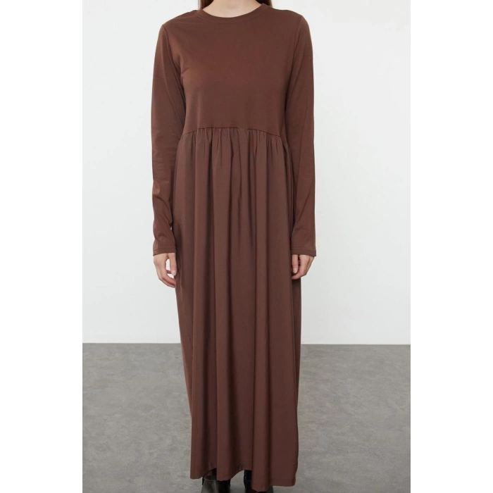 Women Fashion Stylish Hijab Long Crew Neck Loose Color Block Knitted Dress