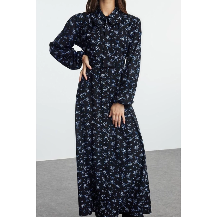 Women Fashion Stylish Hijab Long Baby Collar Regular Floral Woven Shirt Dress