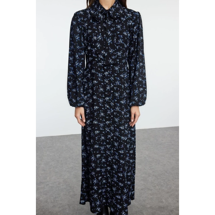 Women Fashion Stylish Hijab Long Baby Collar Regular Floral Woven Shirt Dress