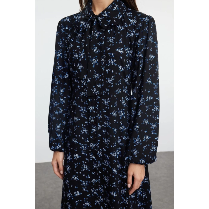 Women Fashion Stylish Hijab Long Baby Collar Regular Floral Woven Shirt Dress