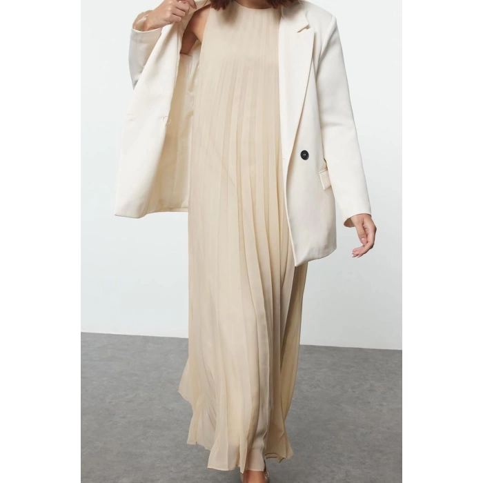 Women Fashion Stylish Hijab Long Crew Neck Regular Pleated Woven Underwear Dress