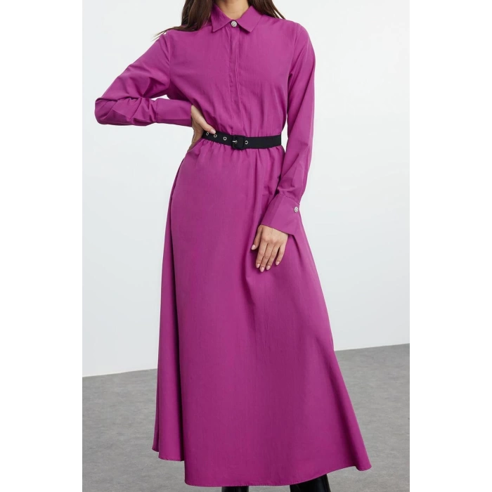 Women Fashion Stylish Hijab Long Shirt Collar Regular Belt Detailed Woven Dress