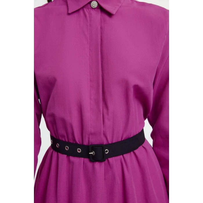 Women Fashion Stylish Hijab Long Shirt Collar Regular Belt Detailed Woven Dress