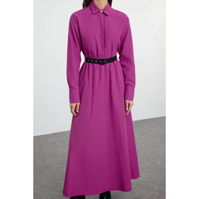 Women Fashion Stylish Hijab Long Shirt Collar Regular Belt Detailed Woven Dress