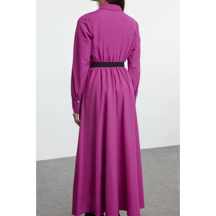 Women Fashion Stylish Hijab Long Shirt Collar Regular Belt Detailed Woven Dress