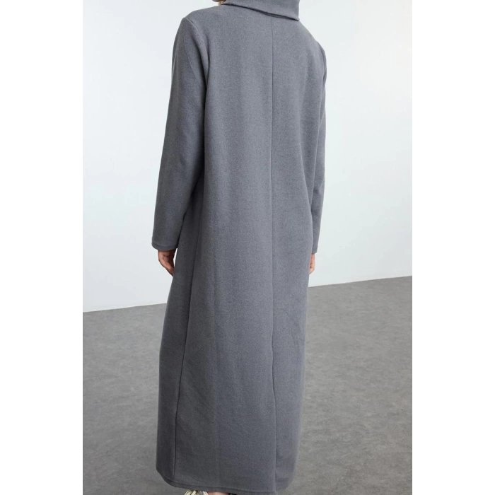 Kadın Moda Şık Tesettür Maxi Boy Dik Yaka Regular Örme Elbise