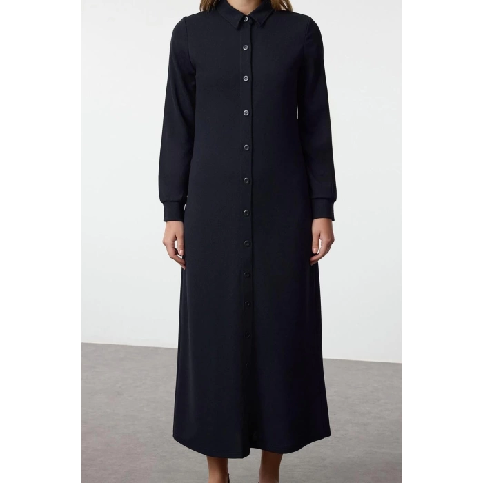 Women Fashion Stylish Hijab Midi Length Crew Neck Relaxed Buttoned Knitted Dress