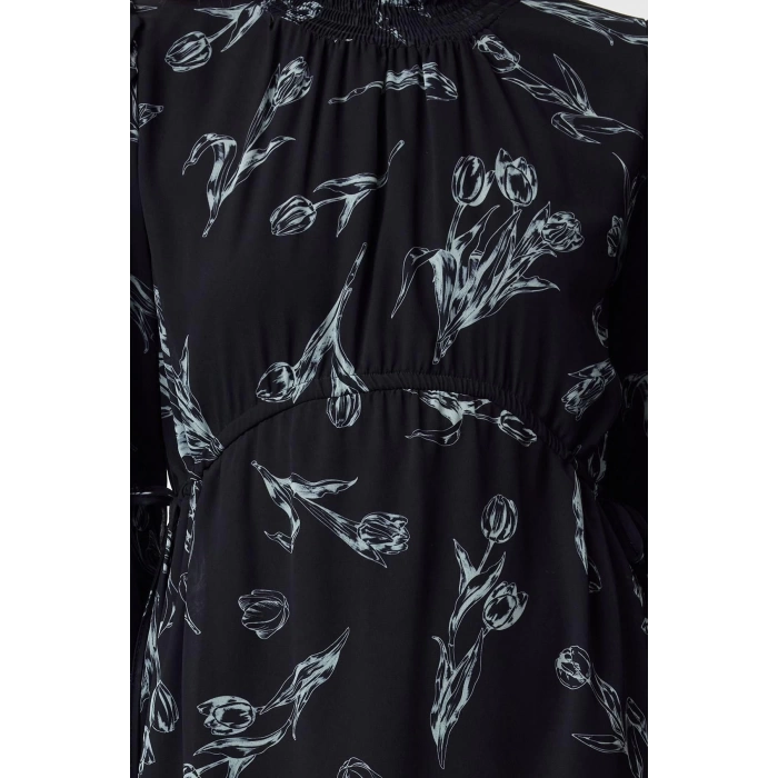 Women Fashion Stylish Hijab Maxi Length Stand Collar Regular Chiffon Floral Patterned Woven Dress
