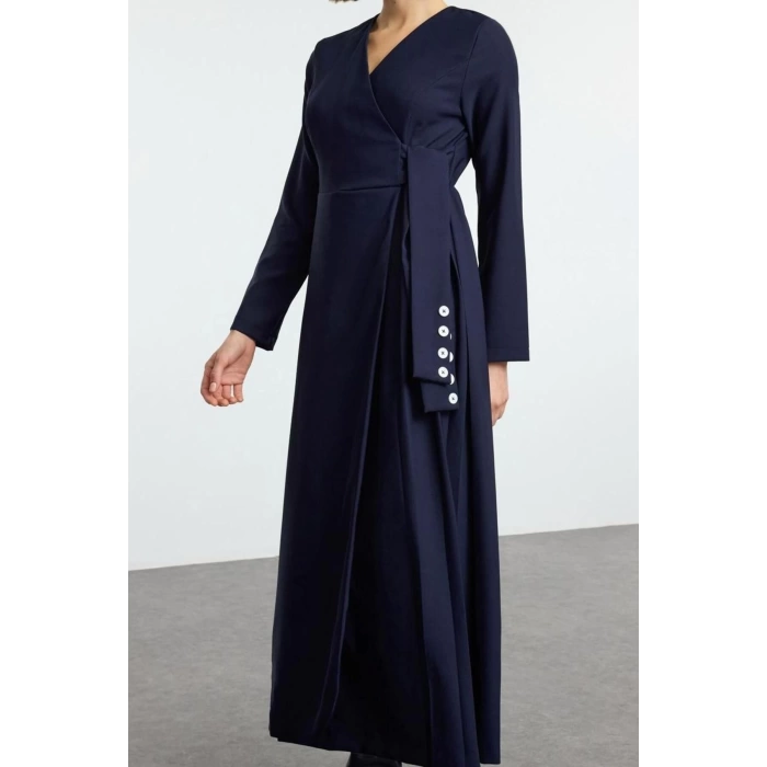 Womens Fashion Hijab Maxi Length Jacket Collar Regular Double Breasted Side Tie Detailed Woven Dress