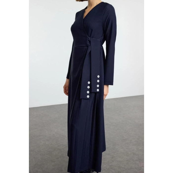 Womens Fashion Hijab Maxi Length Jacket Collar Regular Double Breasted Side Tie Detailed Woven Dress