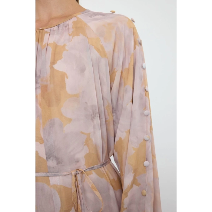 Kadın Moda Şık Tesettür Maxi Boy Bisiklet Yaka Fitted Şifon Dokuma Çiçek Desenli Elbise