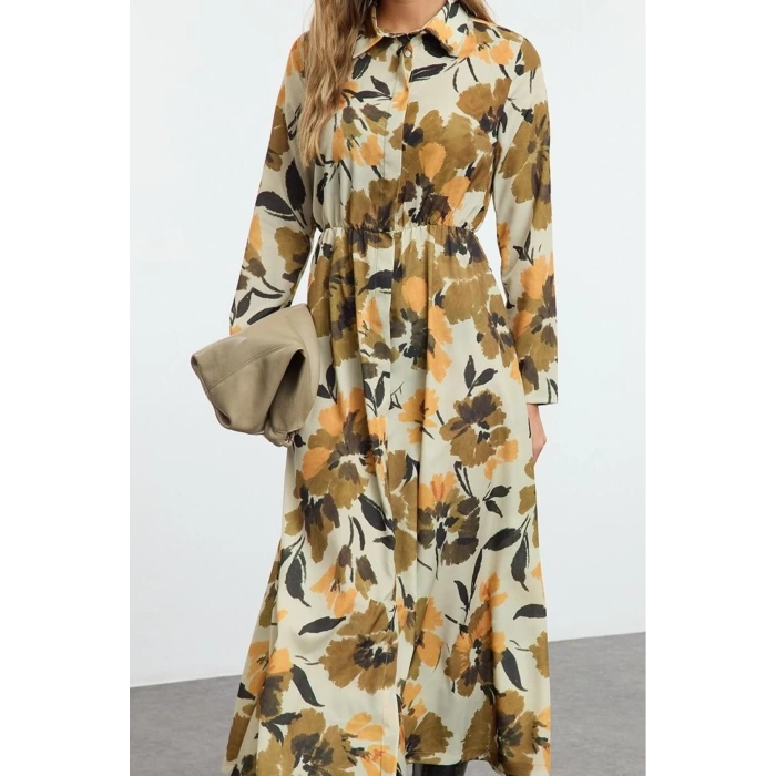 Women Fashion Stylish Hijab Maxi Length Shirt Collar Regular Floral Pattern Pleated Woven Dress