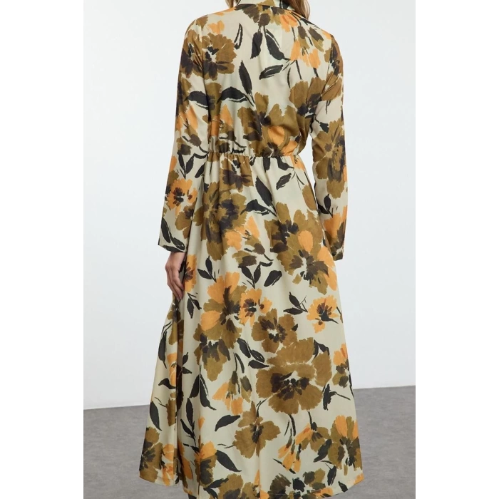 Women Fashion Stylish Hijab Maxi Length Shirt Collar Regular Floral Pattern Pleated Woven Dress