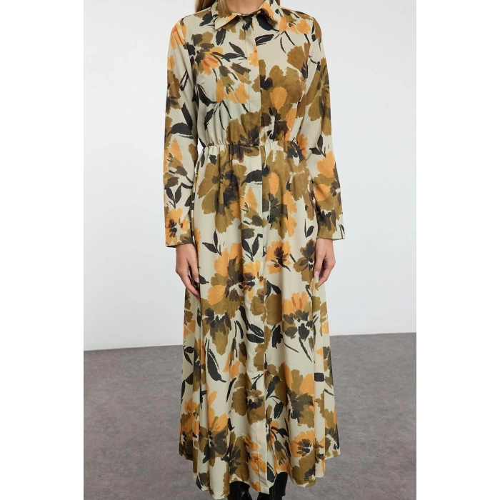 Women Fashion Stylish Hijab Maxi Length Shirt Collar Regular Floral Pattern Pleated Woven Dress